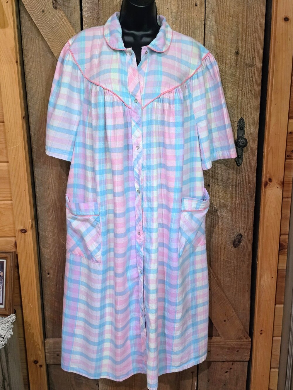 Vintage Lady Ronte 3X Housecoat Pastel Plaid Duster Robe 1980s Snap Front EUC